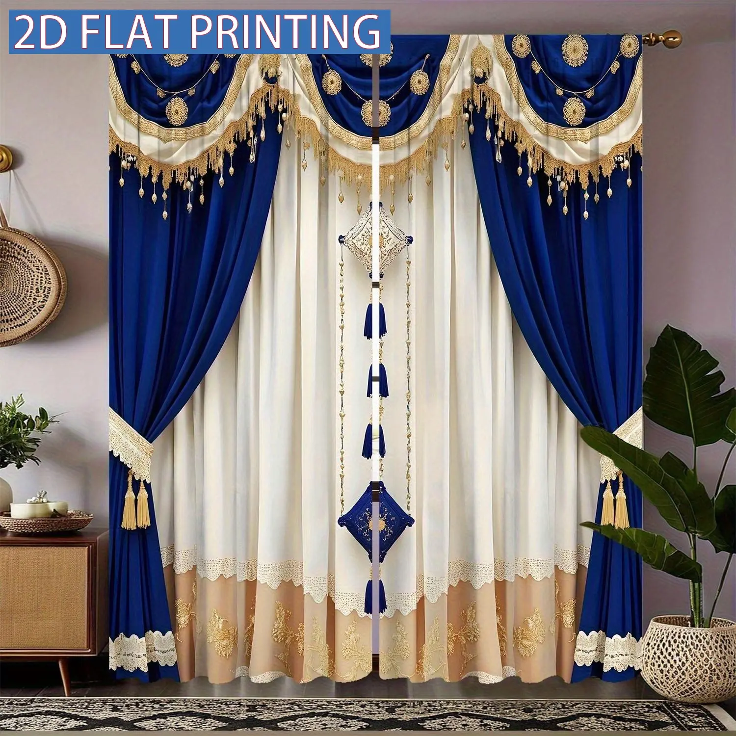 Luxurious Blue Gold Curtain Set, Home Decoration Curtain, Window Curtain, Semi Sheer Curtain, 100% Semi-Transparent Polyester Fabric, Knitted Warp, Ideal for Bedroom, Office, Living Room Decor