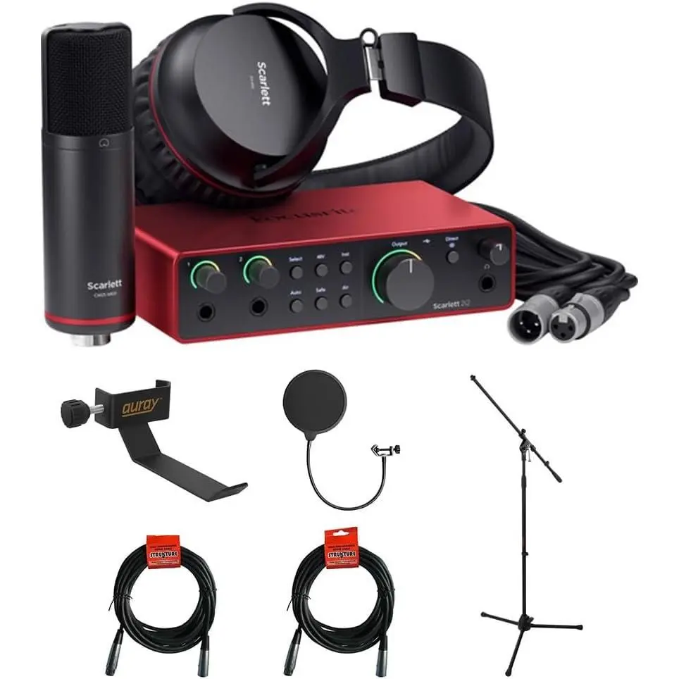 Focusrite Scarlett 2i2 Studio USB-C Audio Interface (4th Generation) Compact Portable Studio Equipment Bundle with Auto Gain, Condenser Podcast Mic, Headphones, Tripod Mic Stand-Boom, Headphone Holder, Pop Filter, 2 XLR Cables