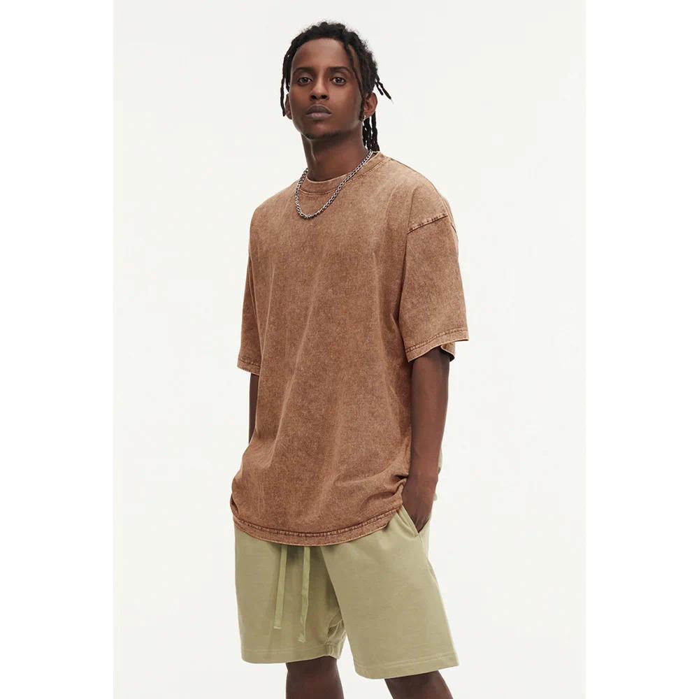 Solid  Color  2-Pack  230G  100%  Cotton Retro T-shirt Drop-shoulder Sleeve Men Women Vintage Short-sleeve T Shirts r Hip Hop Loose Tees