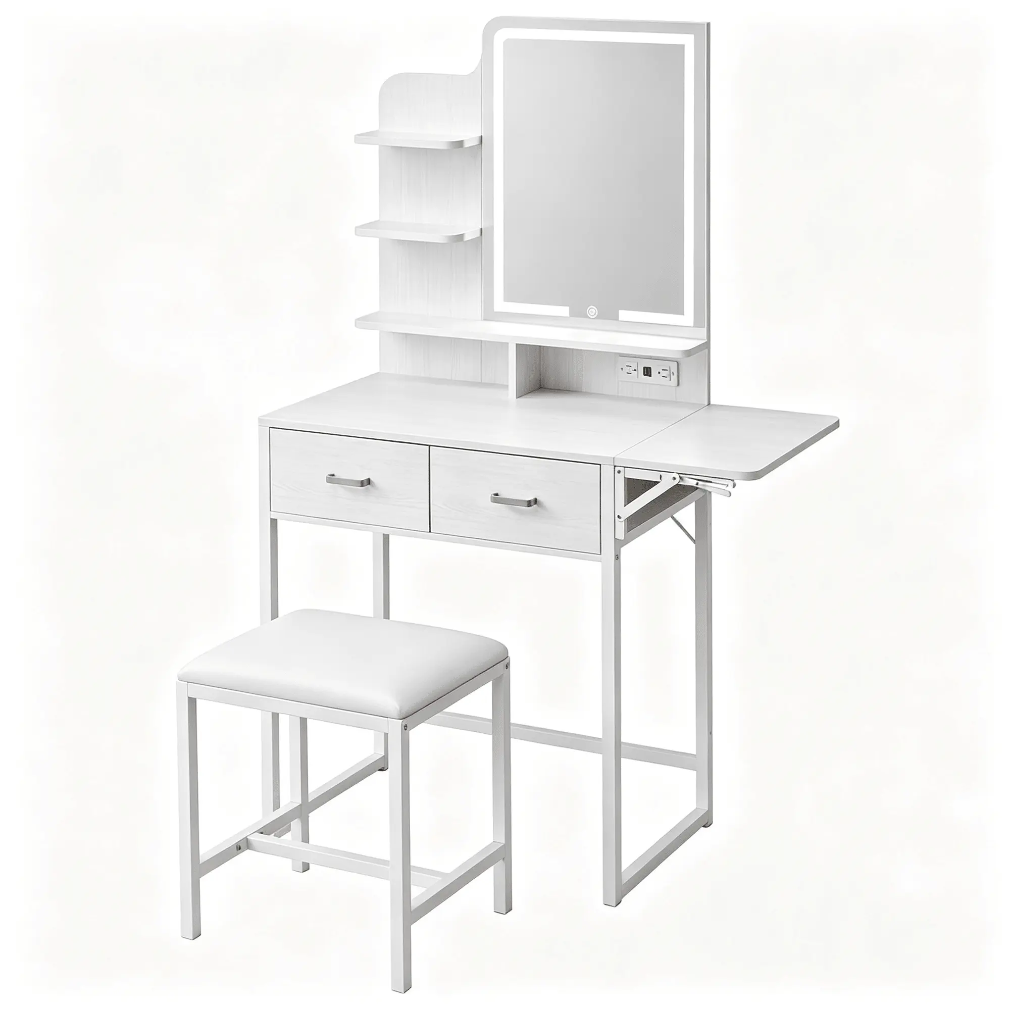 Rectangular White Makeup Vanity Desk Set with LED Mirror, 2 Drawers, Built-in Power Outlet & USB Ports, Foldable Small Size, Cushioned Stool, Open Storage Shelves for Bedroom
