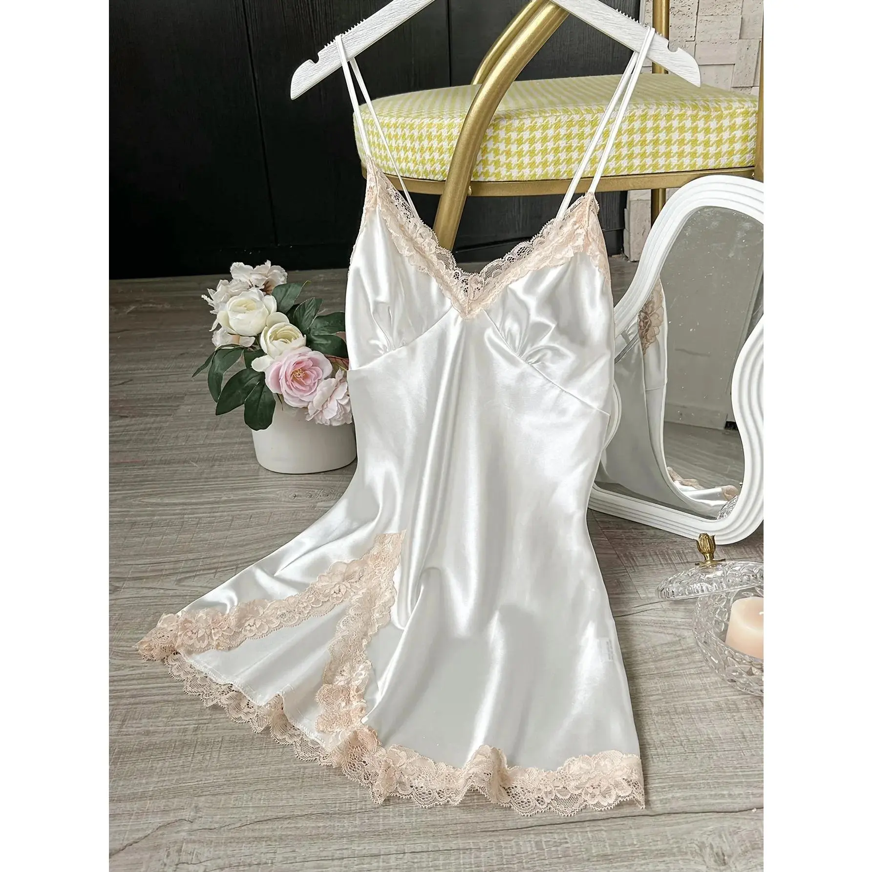 Stunning Off Shoulder Ultra Short Sexy Bras Pajamas Home Dresses Night Shirts Sexi Women's Nightgown Silk Lingerie See Through Dress Summer Contrast Lace Satin Nightdress for Women Sleepwear Deep V Backless Up Split