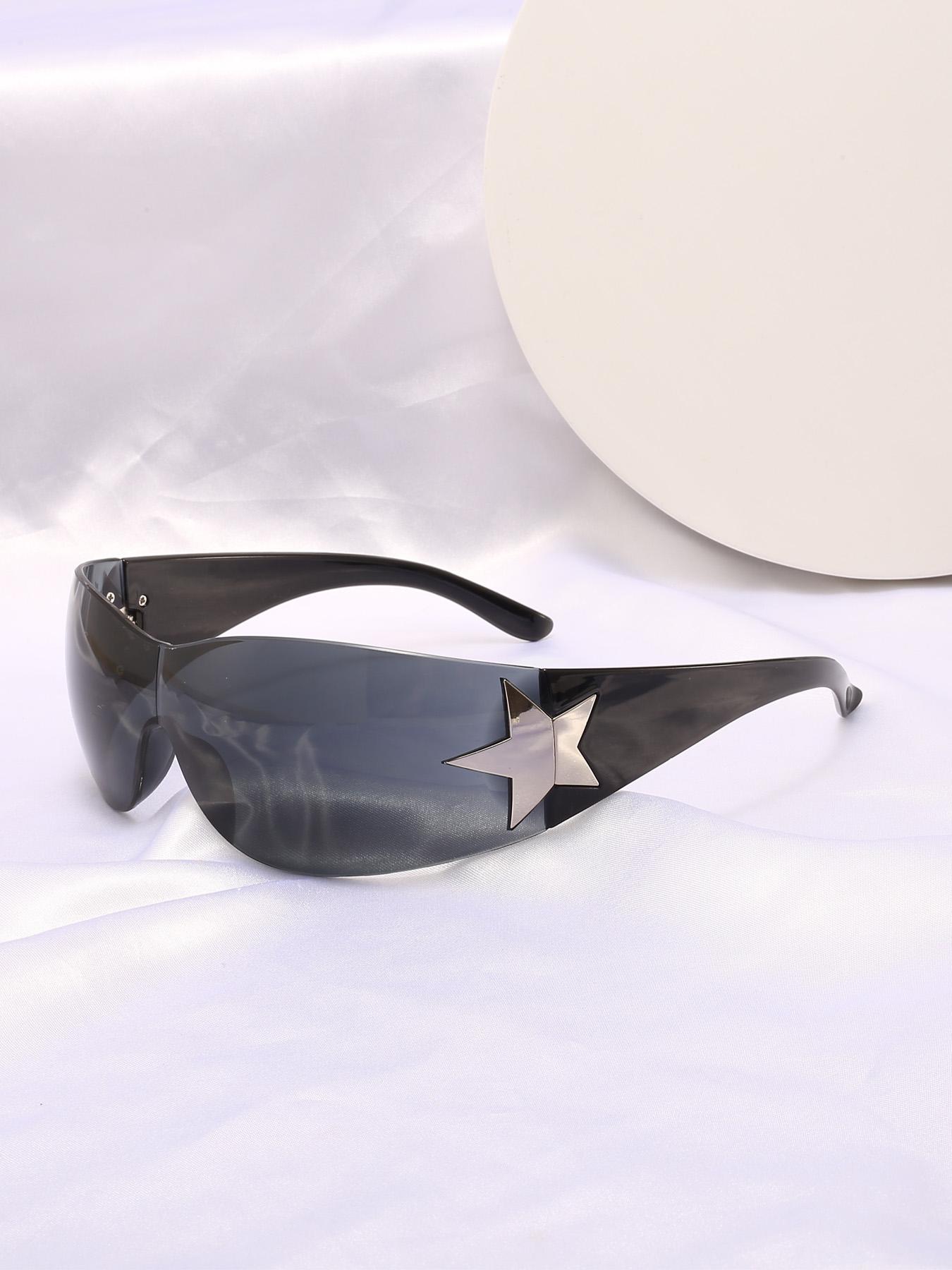 Star Decor Rimless Wrap Around Sunglasses, Street Style Sunglasses for Men & Women, Fashion Sunglasses for Outdoor Activities, Trendy Styling Sunglasses