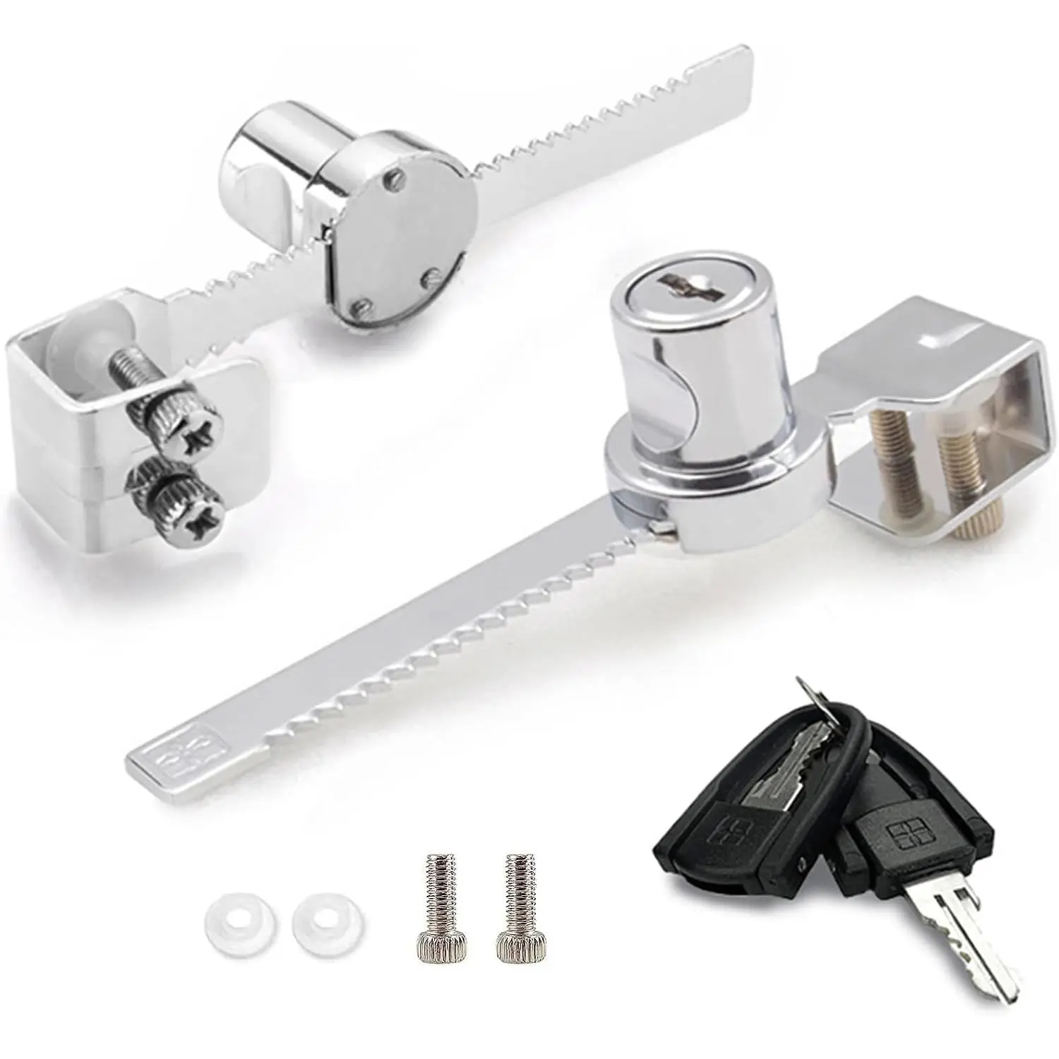318 Sliding Glass Door Lock, Closet Locks for Sliding Doors with 2 , Ratchet Lock with Chrome Finish, No Drill Cabinet Door Lock (1 Pack, Keyed Different)
