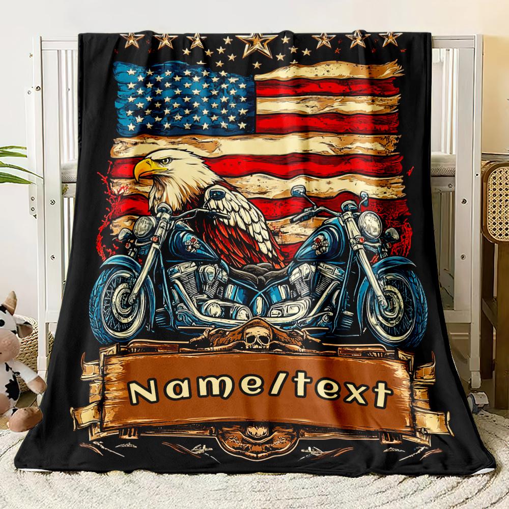 1 Customizable Motorcycle Eagle American Flag Printed Blanket - Personalized Name/Text, Suitable for All Seasons, Lightweight Polyester Flannel Blanket, Suitable for Sofa, Bed, Travel - Digital Printing, Warm and Soft, Ideal Gift