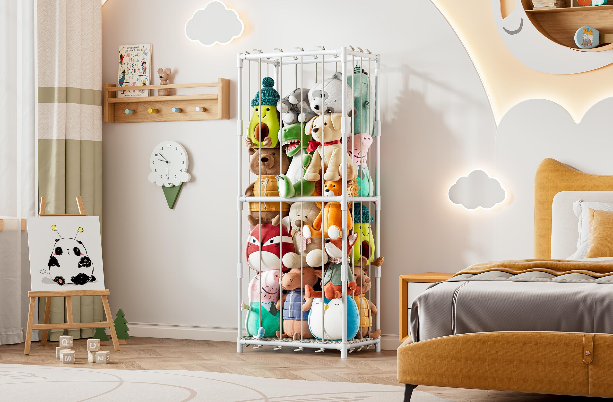 Stuffed Animal Storage Zoo Toy Organizer Corner Chest Plush PVC Material Extra Large Holder Metal Standing Space Save Vertical With Elastic For Nursery Kids Room Rack Box