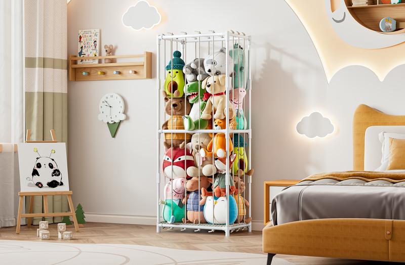 Stuffed Animal Storage Zoo Toy Organizer Corner Chest Plush PVC Material Extra Large Holder Metal Standing Space Save Vertical With Elastic For Nursery Kids Room Rack Box