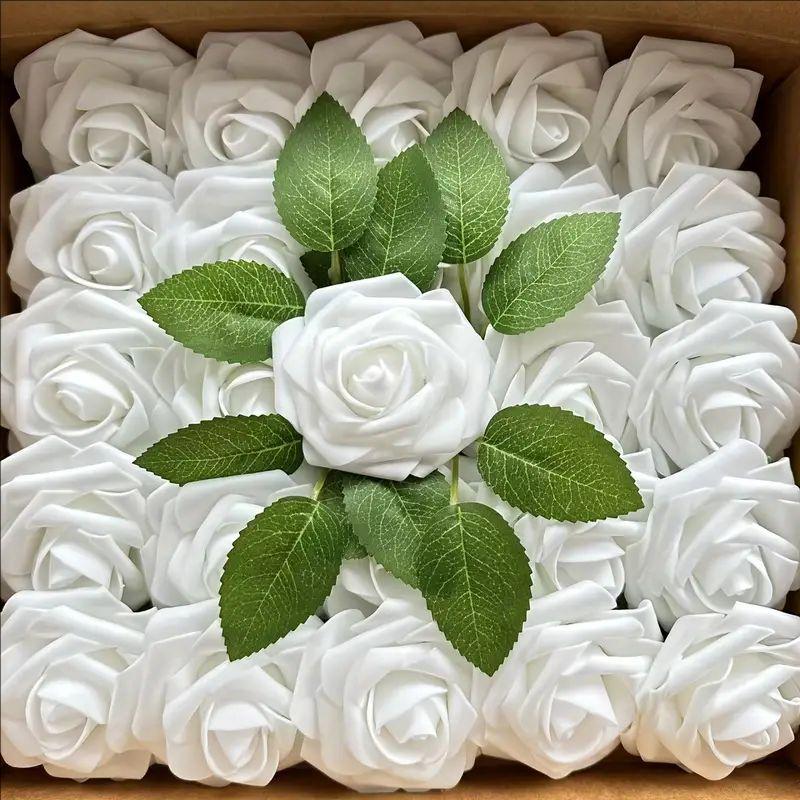25pcs/Lot High-Grade White PE Rose Artificial Flower Head With Stem DIY Bouquet Wedding Party Decoration Scrapbook Supplies