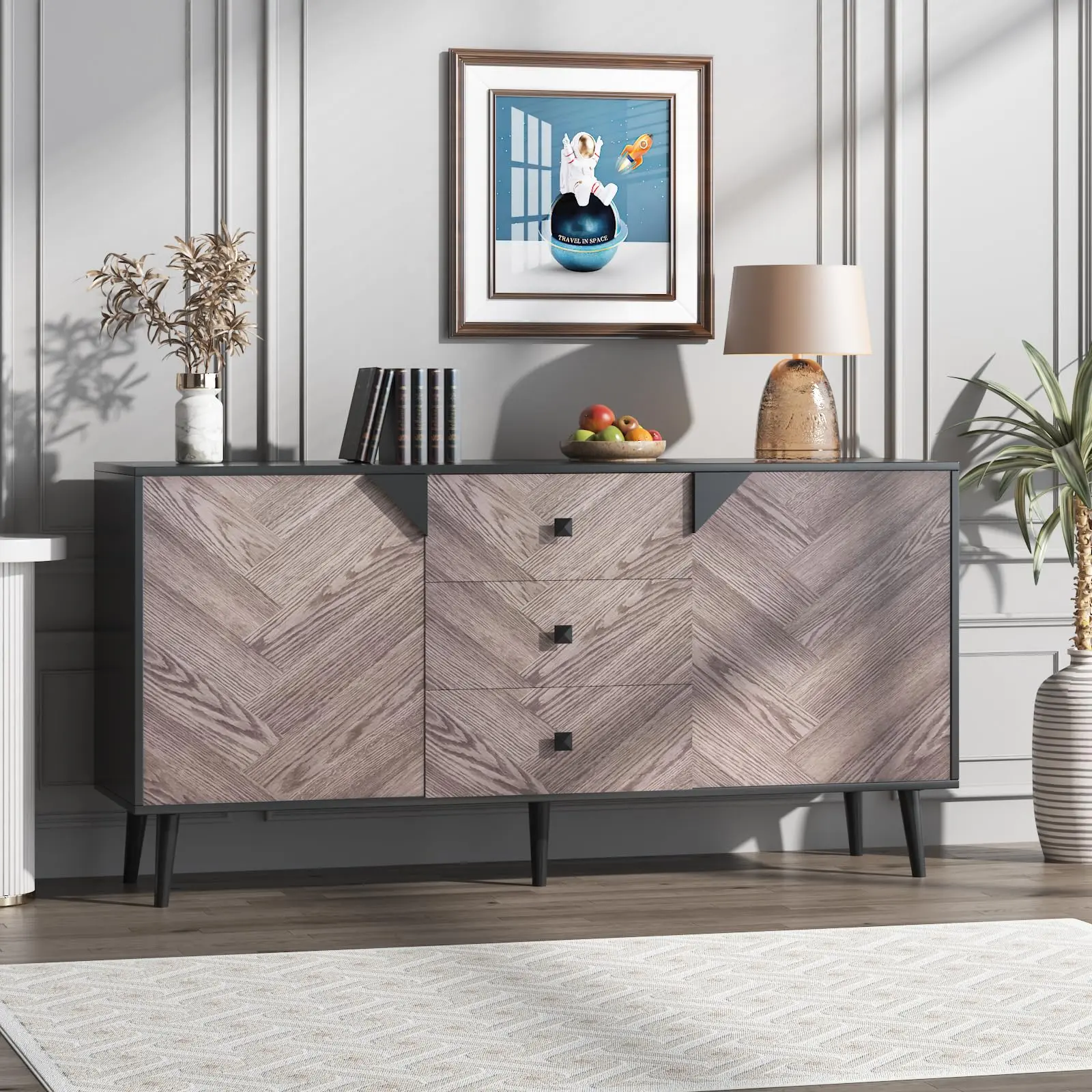 Garvee 3-Drawer Storage Cabinet 55.1 Inches with Adjustable Shelf and Doors, Modern Buffet Sideboard with Storage, Freestanding Accent Cabinets for Dining Room, Entryway