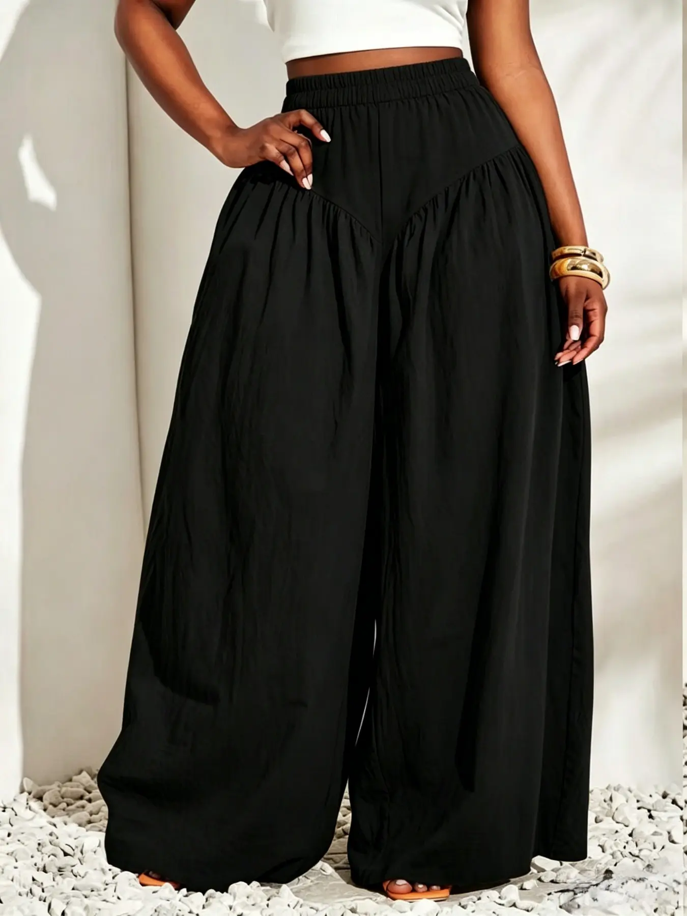 Plus Size High-Waisted Wide-Leg Pants Casual Ruched Loose Trousers, Y2K Clothes Daily Wear, Trendy Minimalist Bottoms, Relaxed Fit Casual Ensembles, Stylish Voluminous Silhouette Detail Party Casual Wear