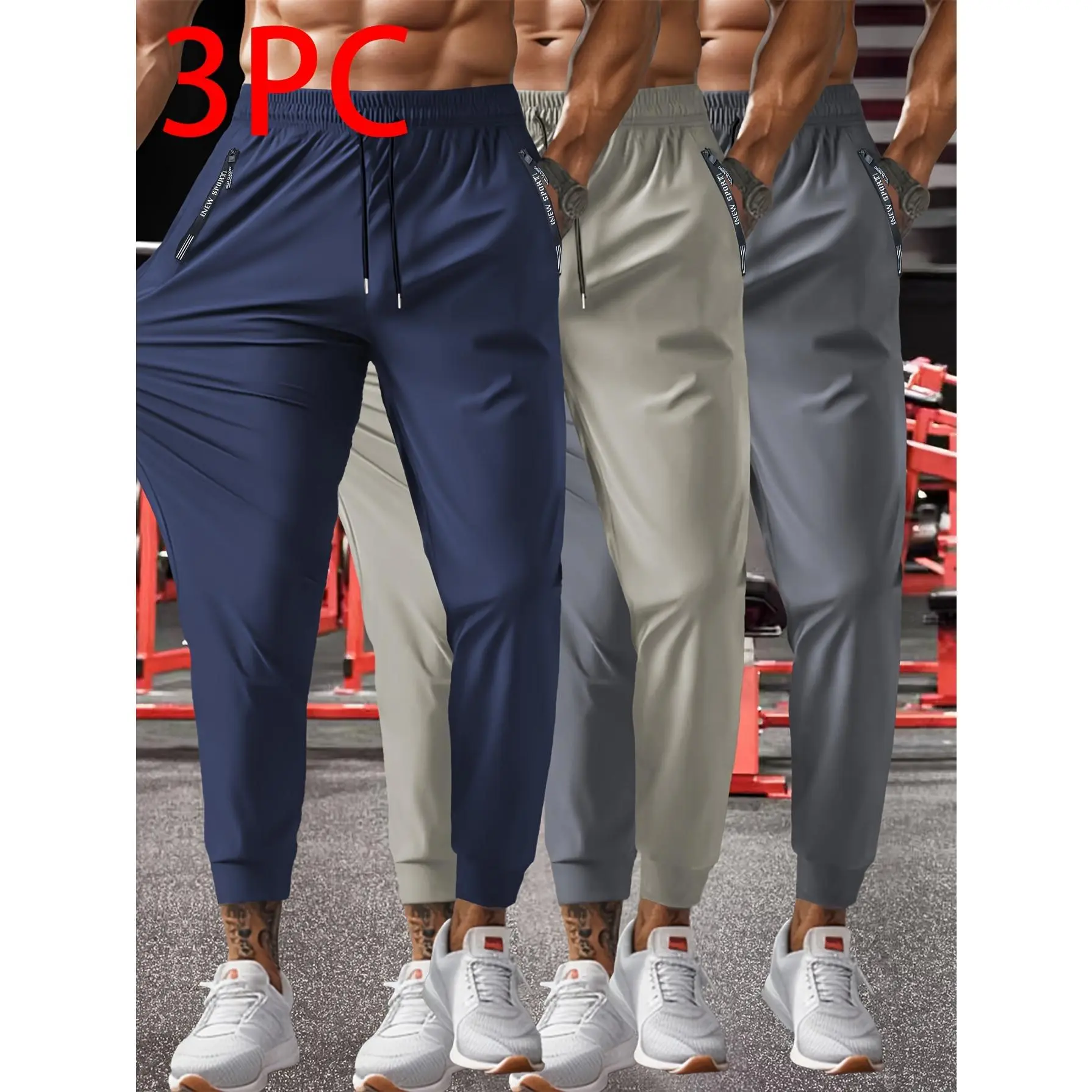 Unisex Plus Size Casual Athletic Joggers 3-Pack - Adjustable Waist Drawstring, Full Length, Solid-Color, Breathable Quick-Dry Polyester Mix (82.1% Polyester-17.9% Spandex), for Running/Cycling, Leisure
