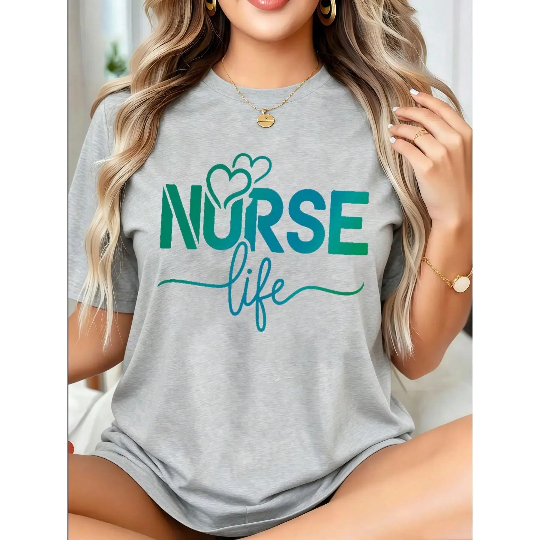 Nurse Life Heart Design Knitted Short-Sleeve Casual Pullover Top, Healthcare Professional Work Wear, Nurse Gift, Tops, Cotton