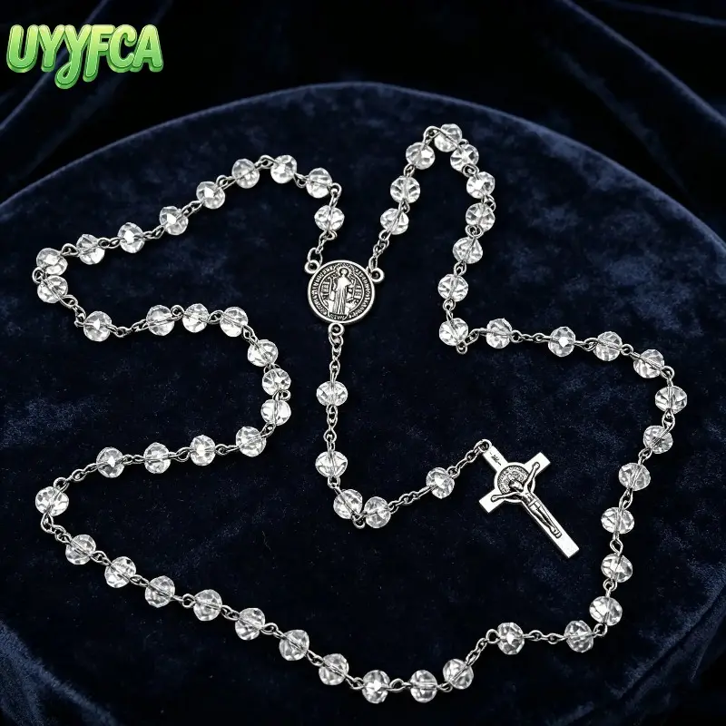 Catholic Crystal Rosary Necklace with Saint Benedict Medal, Silver Crucifix Clear Beads, Christian Prayer Beads for Daily Devotion Baptism First Communion Gift