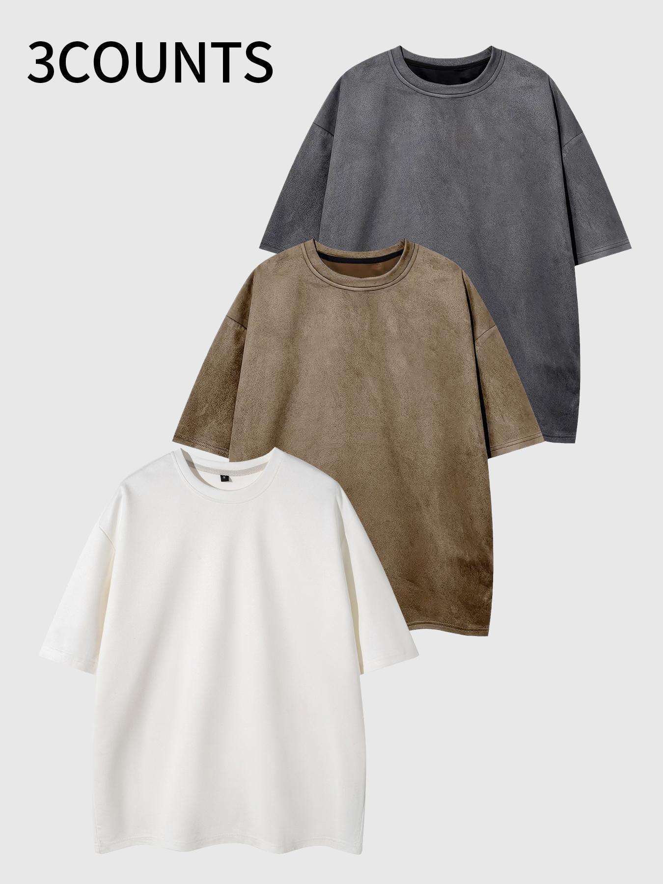 Men's Solid Color Drop Shoulder Suede Tee, Regular Fit Casual Street Style Short Sleeve Round Neck T-shirt for Summer, Men's Top for Daily Wear, Streetwear