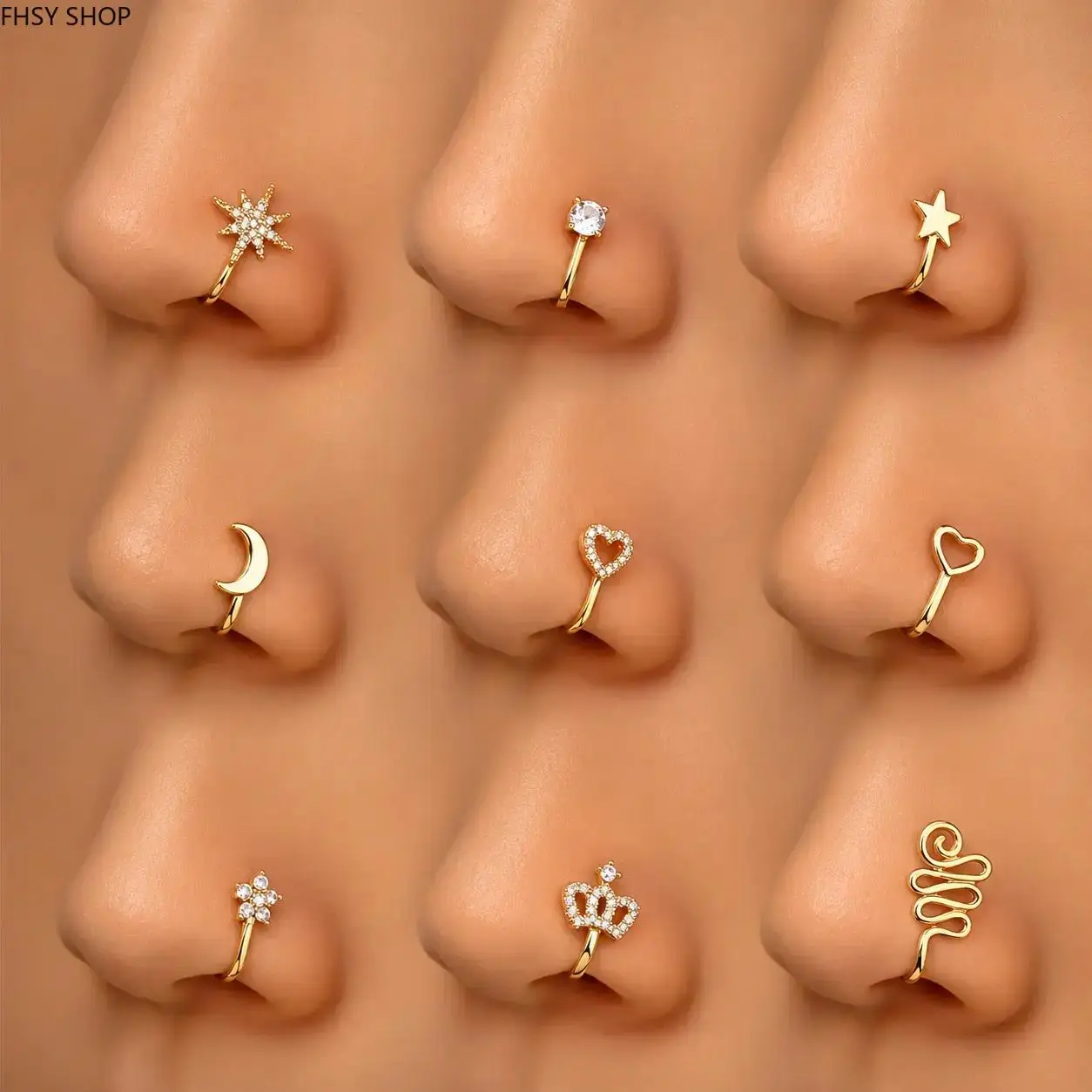 9pcs Non-Piercing Copper Nose Rings Set, U-Shape Star Love Clip-Ons with Rhinestones, Hypoallergenic Fake Nose Jewelry for Women & Girls, Perfect Summer Beach Vacation Outfits