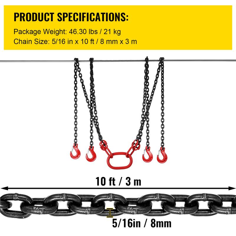 10 Feet Chain Hoist 5/ 16inch x 10 Feet Engine Lifting Chain G80 Alloy Steel Engine Chain Hoist 3 Tons, with 4-Legged Hook and Adjuster, for Mining, Machinery, Ports, Construction