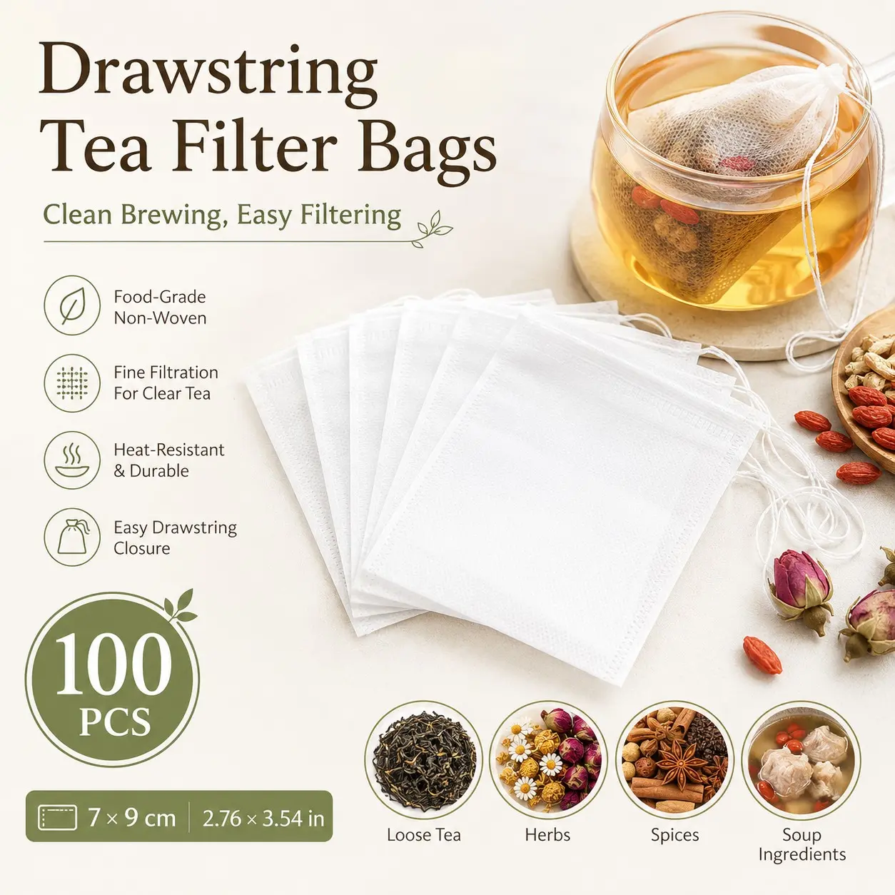 100 Pcs Disposable Drawstring Tea Filter Bags – Empty Tea Bags, Loose Leaf Tea Bags, Tea Infuser Bags, Non Woven Tea Steeping Bags, Herb Filter Bags, Spice Filter Bags and Soup Seasoning Bags.