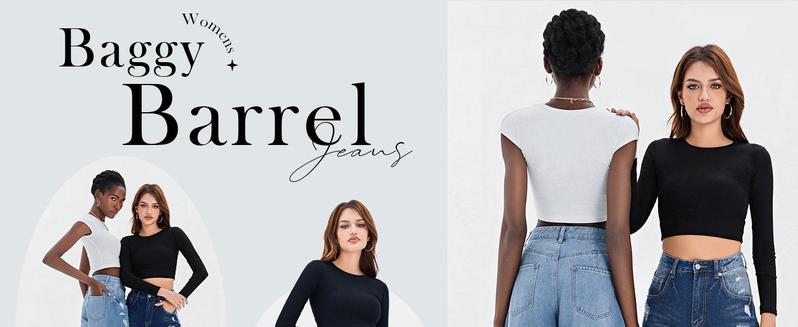 Imily Bela Women's Baggy Wide Leg Jeans Barrel Horseshoe Boyfriend Cropped Raw Hem Denim Pants