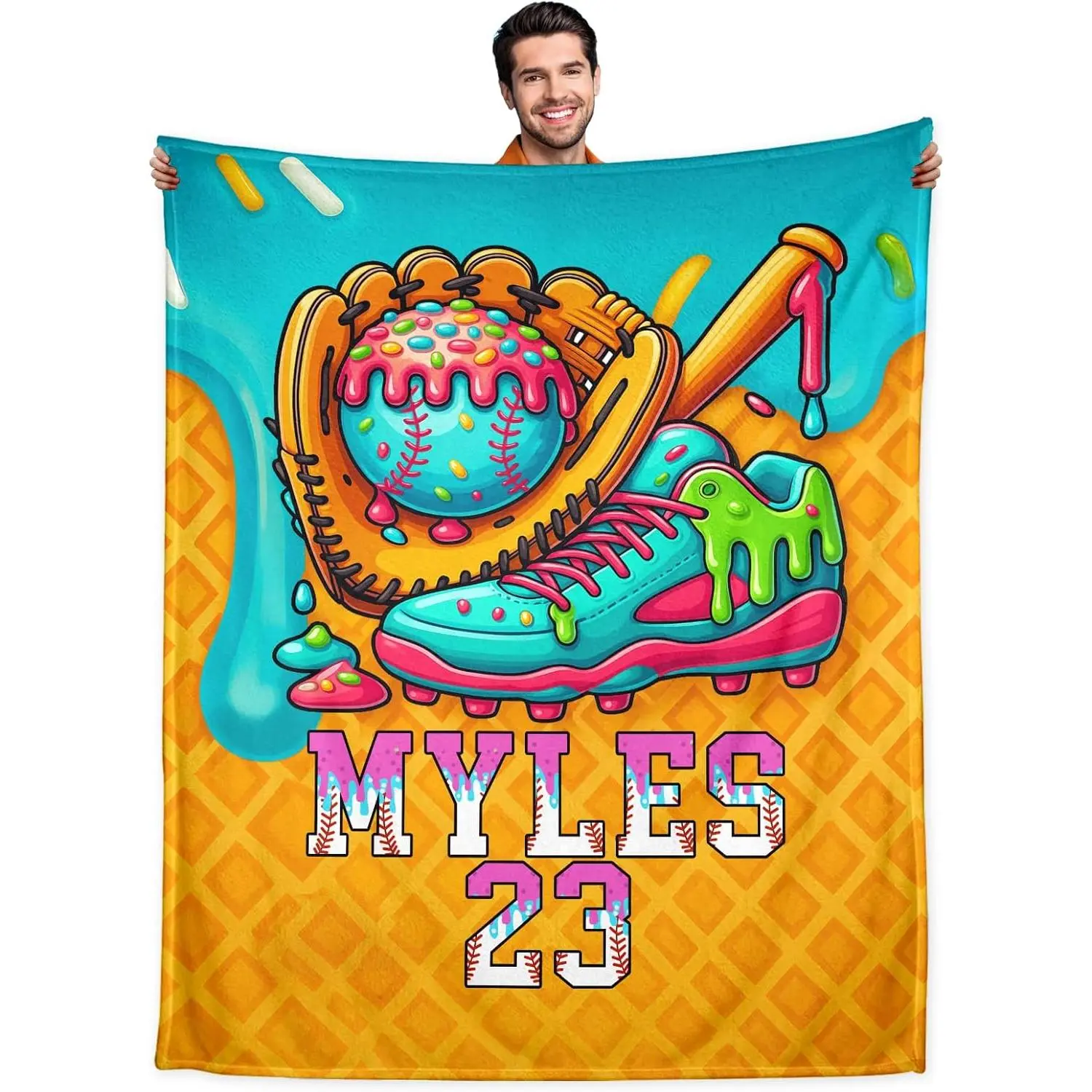 Custom Ice Cream Baseball Flannel Throw Blanket - Personalized Sports-Inspired Blanket with Kid's Name, Cozy Gift for Baseball Lovers, Living Room & Camping Use (Green), Sports-Inspired Blankets