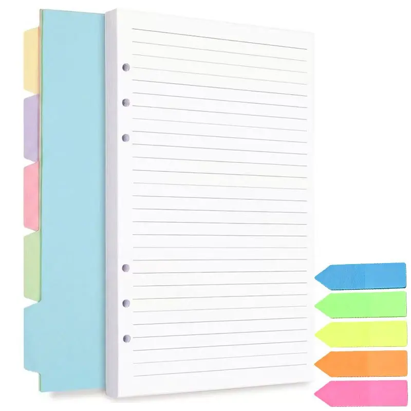 A6 Planner Inserts for 6-Ring Binder, 90 Pages Lined Paper, 5 Dividers, 100 Index Tabs, Refillable Notepad for Daily Planning & Journaling