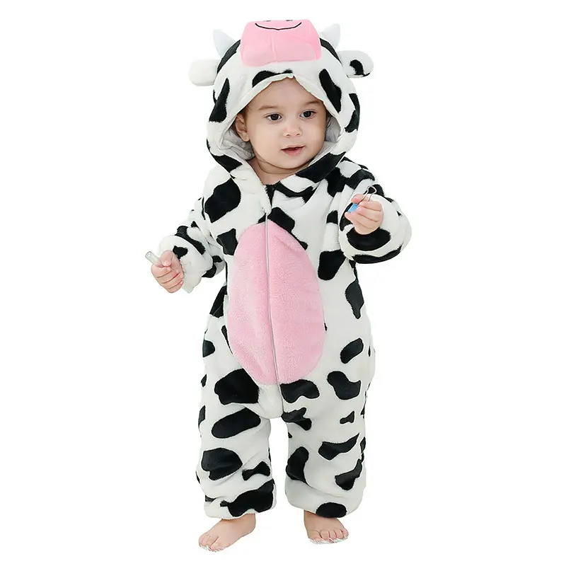 Baby Black and White Spotted Cow Plush Full Body Hooded Neck Bodysuit - Soft Polyester Fall Winter Zip-Up Romper, Kids' Casual Outing Clothes, Ideal for Outdoor, Halloween