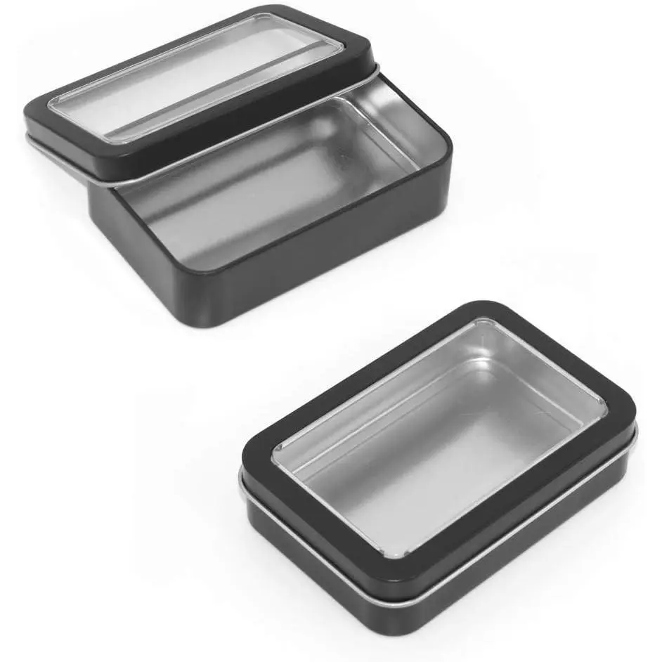 4 Pack Metal Rectangular Tin Boxes Containers with Detachable Clear Lid, Black, Portable Small Storage Kit Home Organizer, Model 107(Gift)