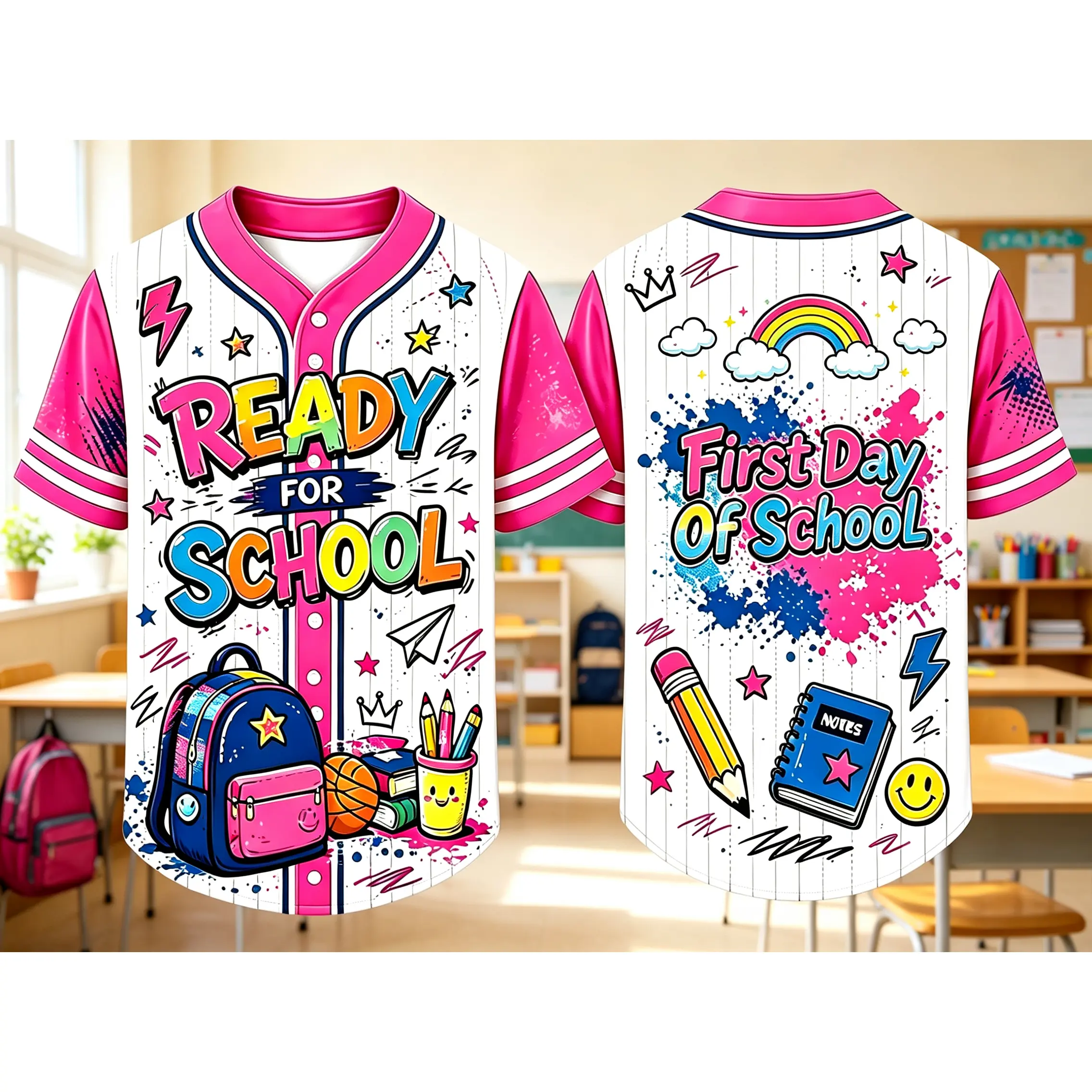 Pink Sleeve White Pinstripe Button Up Baseball Jersey, Front & Back Double Sided Print "Ready For School, First Day Of School" Cute Cartoon School Supplies Graphic Shirt, Unisex Top For Adults & Teens Back To School Outfit #   TikTokMadeMeBuyIt #   TikTok