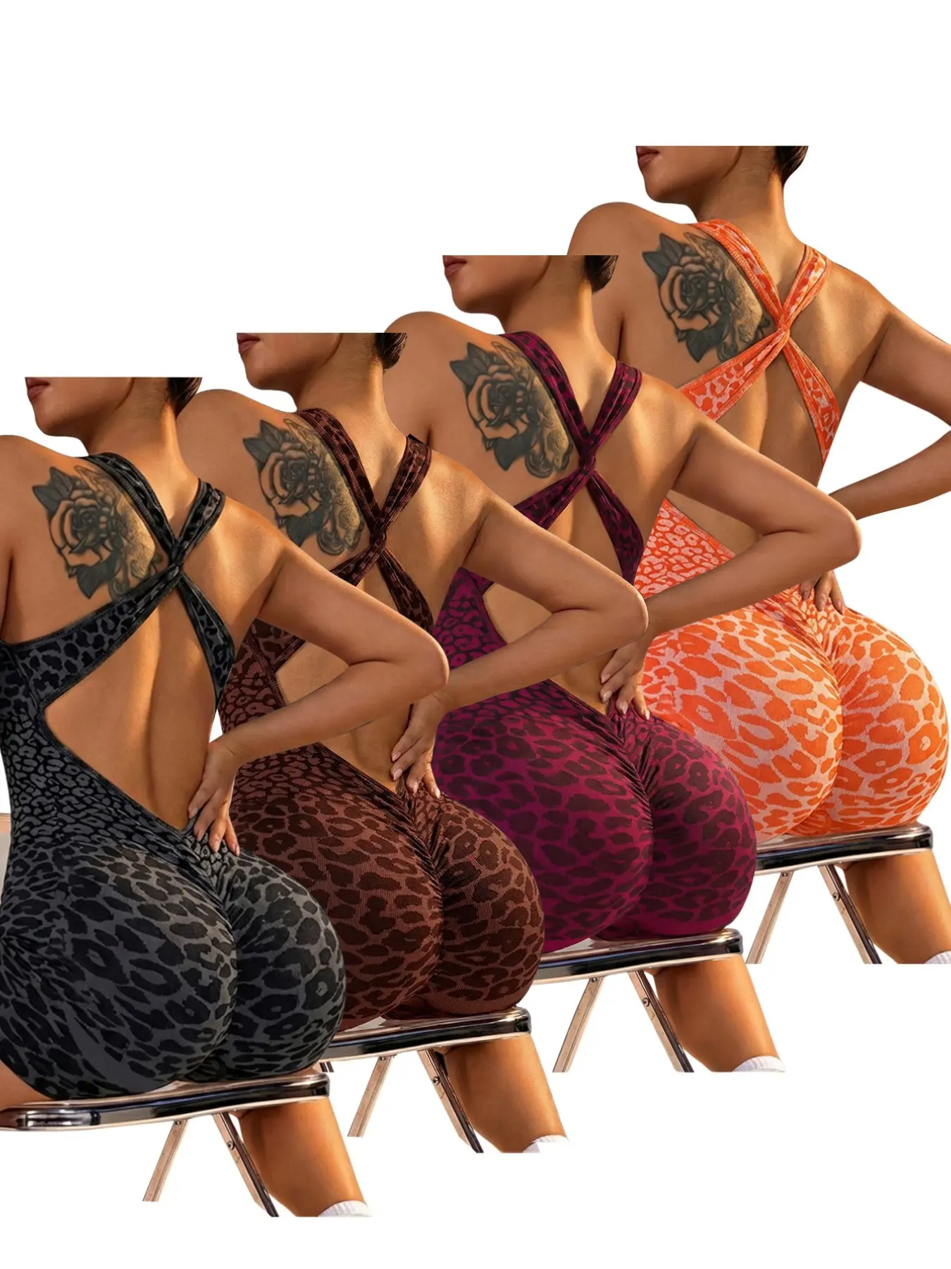 4-Pack Summer Sport Leopard Print Seamless Back Cross Strap High Waist Tummy Control Peach Butt Yoga Pants for Women, Outdoor Fitness Casual Wear, Fitness Clothing, Women Workout Clothes