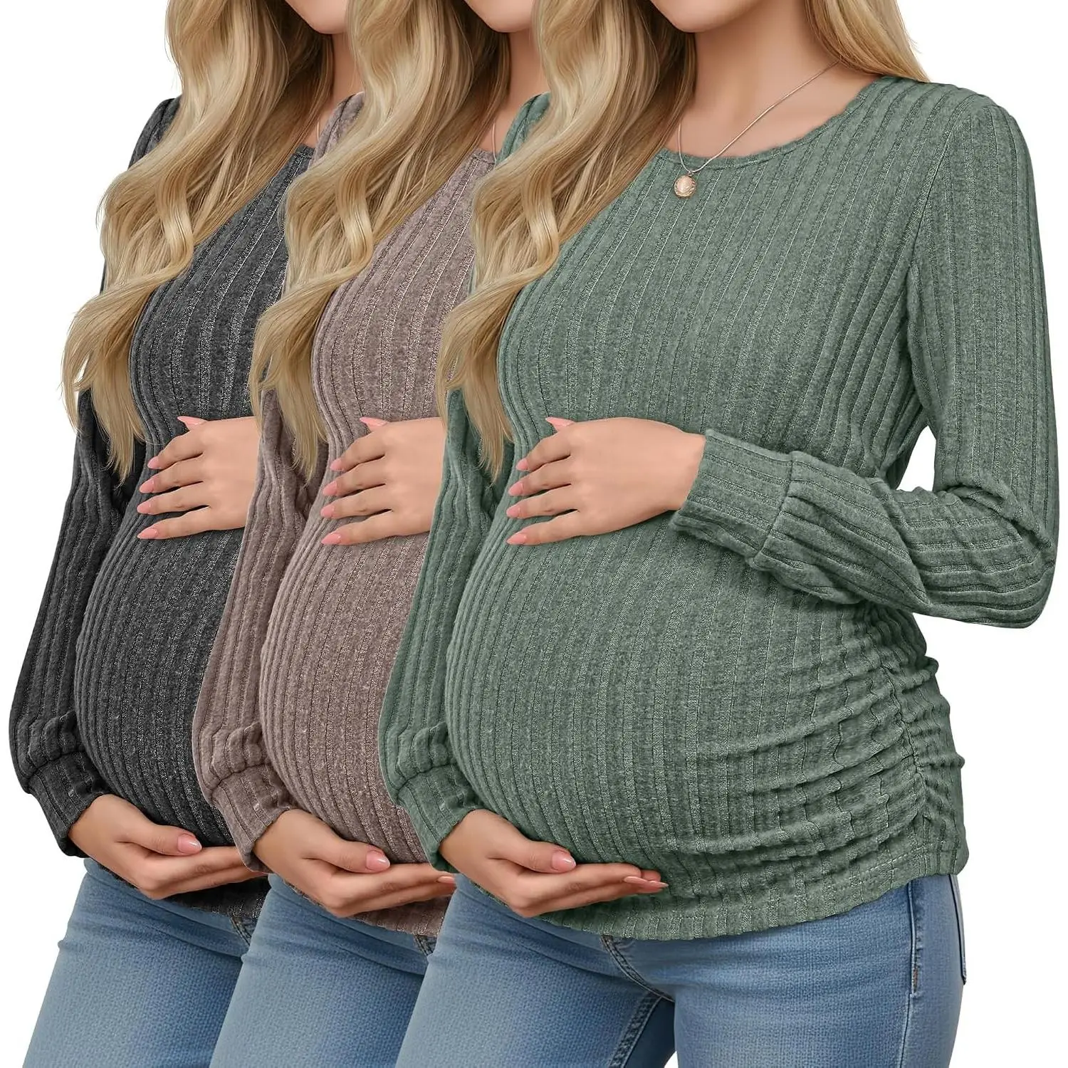 3 Pack Women's Maternity Shirts | Ribbed, Long Sleeve, Tops, Pregnancy, Sweaters, Crew Neck, Knit, Side Ruched, Tunic Tees, Snug Cuffs, Comfortable, Stretchy