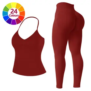 JGS1996 Women's Two-Piece Seamless Sports Sets – Solid Halter Backless Tank Top & Mid Waist Impact Leggings Set Breathable Comfortable   2-Piece  Activewear for Yoga Gym Workout Running Summer All Season