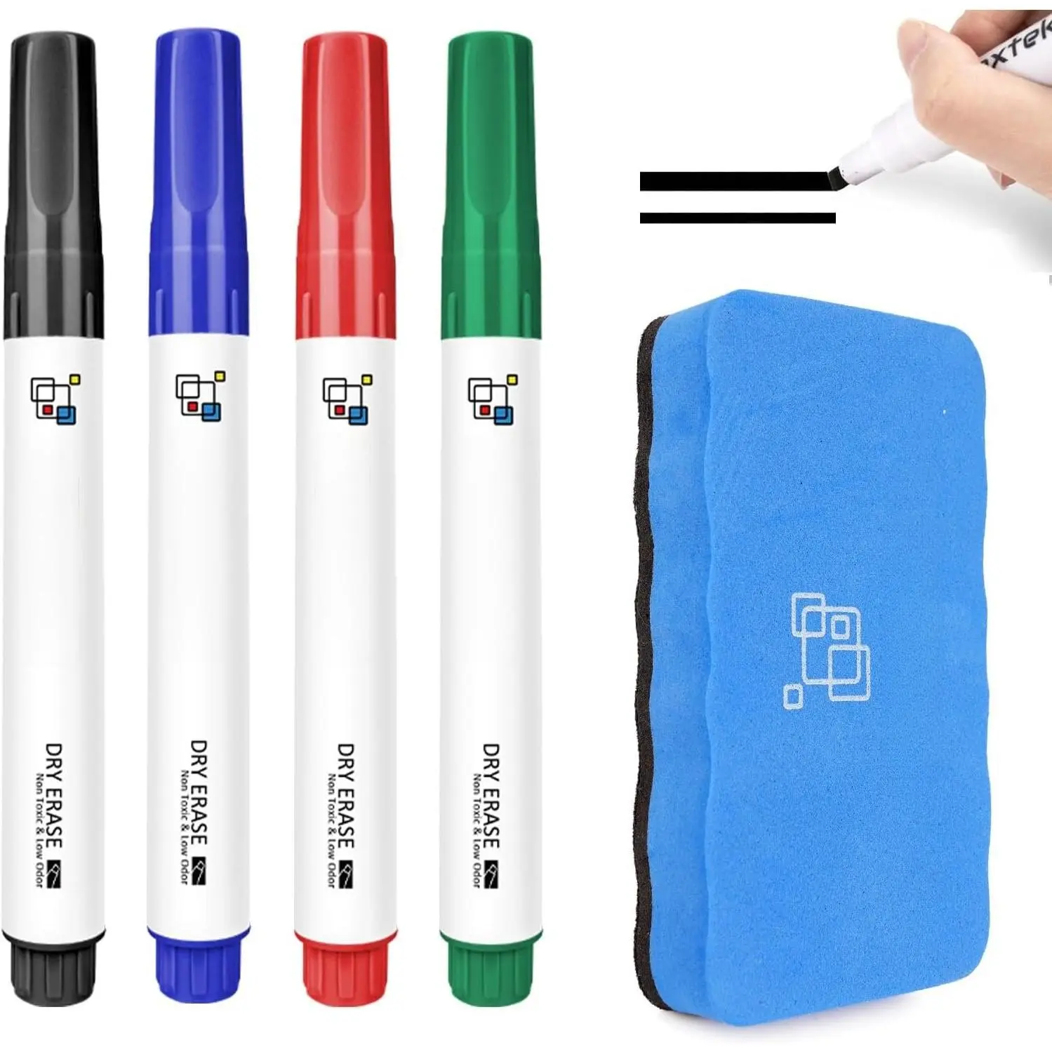 Dry Erase Marker Set Pack with Eraser, Chisel Tip, Bold Lines, 4-Count, Low Odor, High Visibility | Whiteboard Markers for Classroom/Office Use