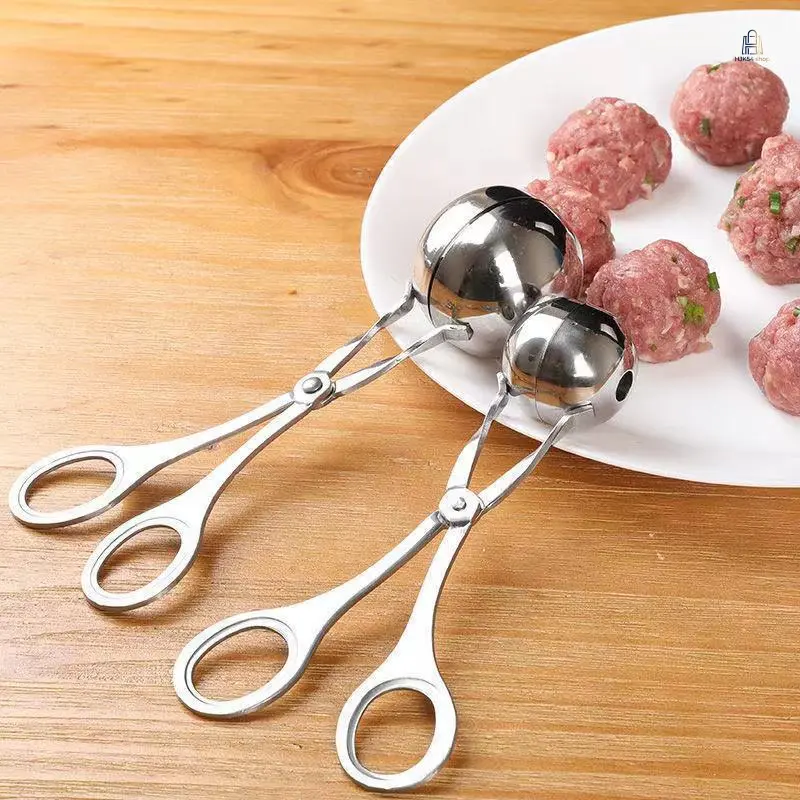 Stainless Steel Tong-Shape Meatball Maker, Solid Metal Kitchen Scoop, Multi-Purpose Rice Ball Molder, Food-Grade Rust-Proof Household Cooking Tool, Easy-Clean for Home Hot Pot Preparation
