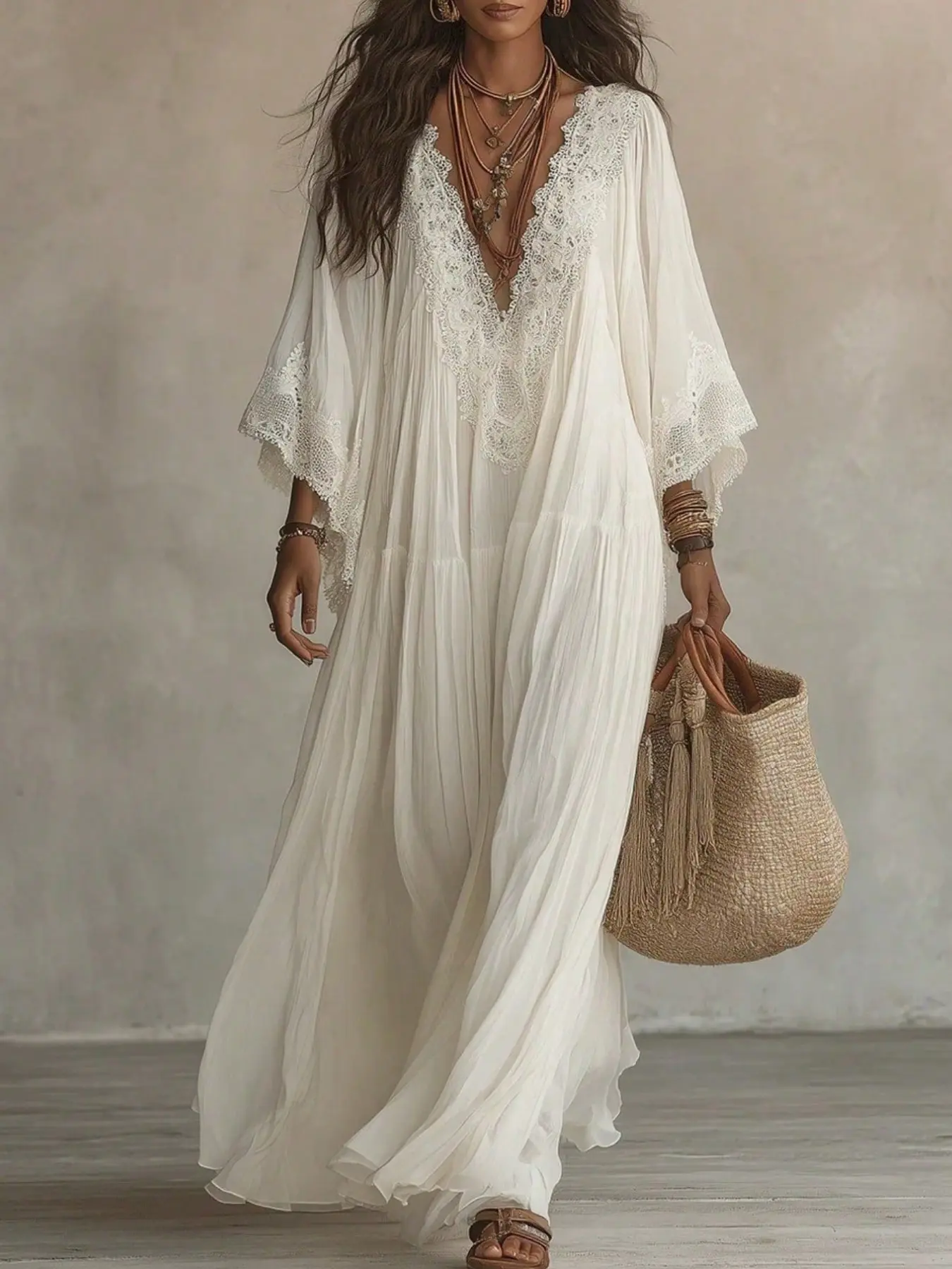 Women's Boho V-Neck Long Dress, Lace Trim Flowy Chiffon Beach Cover-Up, Lightweight Summer Maxi Dress for Women