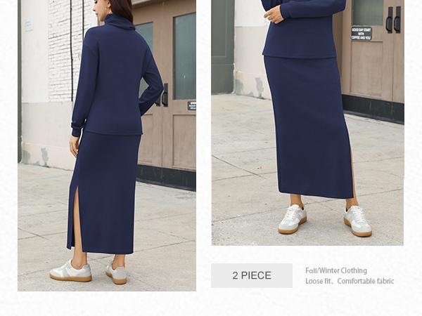 Casly Lamiit Women's 2 Piece Skirt Set Turtleneck Tops Long Skirt Matching Outfits with Pockets Soft Breathable Fitted Basic Minimalist Design Loungewear - Womenswear Clothes