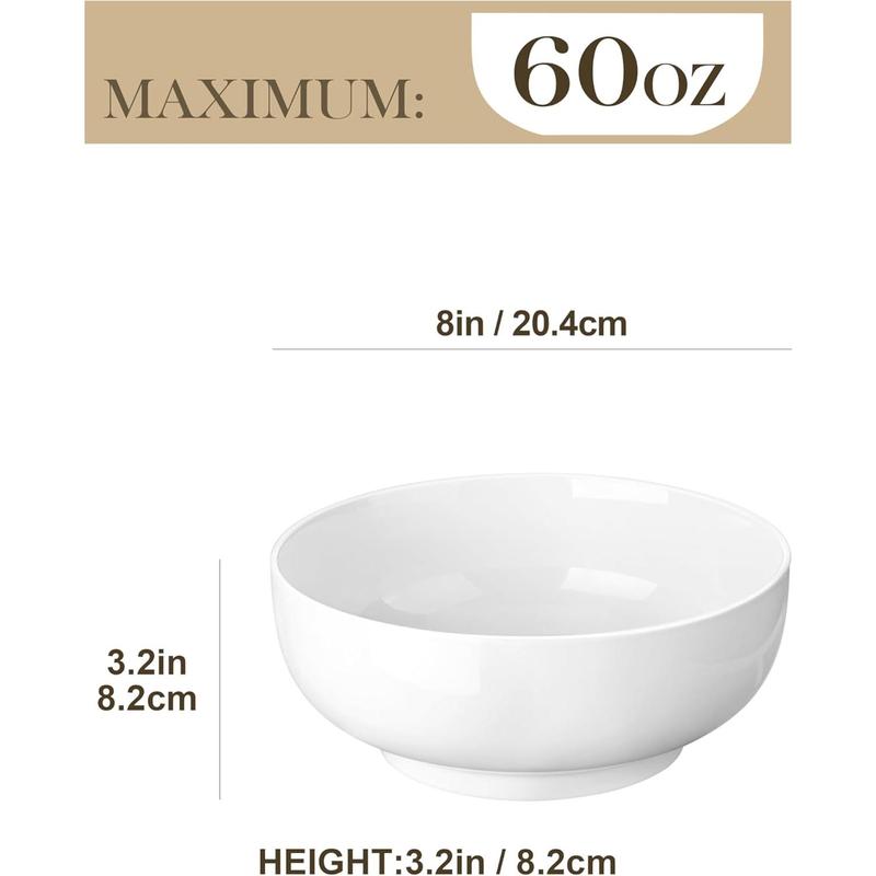 Large Serving Bowls - 60 OZ (8") Salad Bowls Set of 2, White Mixing Bowls for Kitchen, Soup, Pasta and Dinner, Large Salad Bowls Set, Dishwasher & Oven Safe, Series REGULAR