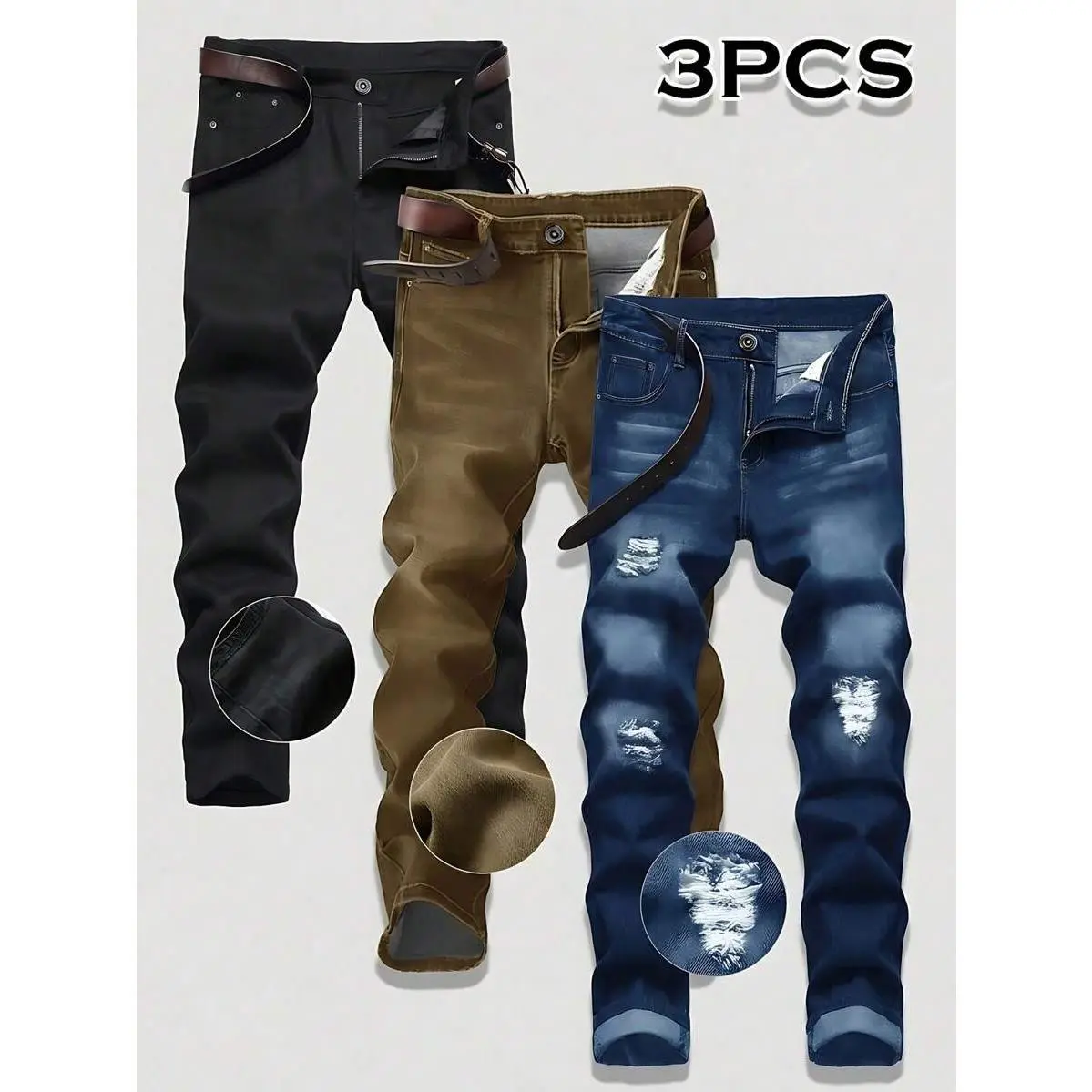 3-Pack Of Men's Versatile Solid Color Stretch Slim-Fit Jeans, Suitable For All Seasons.