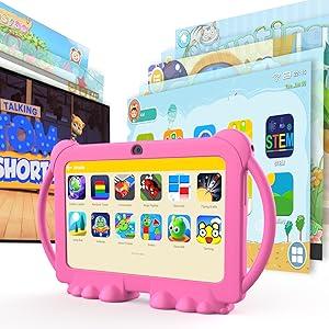 Tablet 7 inch Android 12, 4GB RAM 32GB ROM, 512GB Expandsion, with Parental Control, WiFi, Bluetooth, Dual Camera with Silicone Case, 1PCS(Pink)