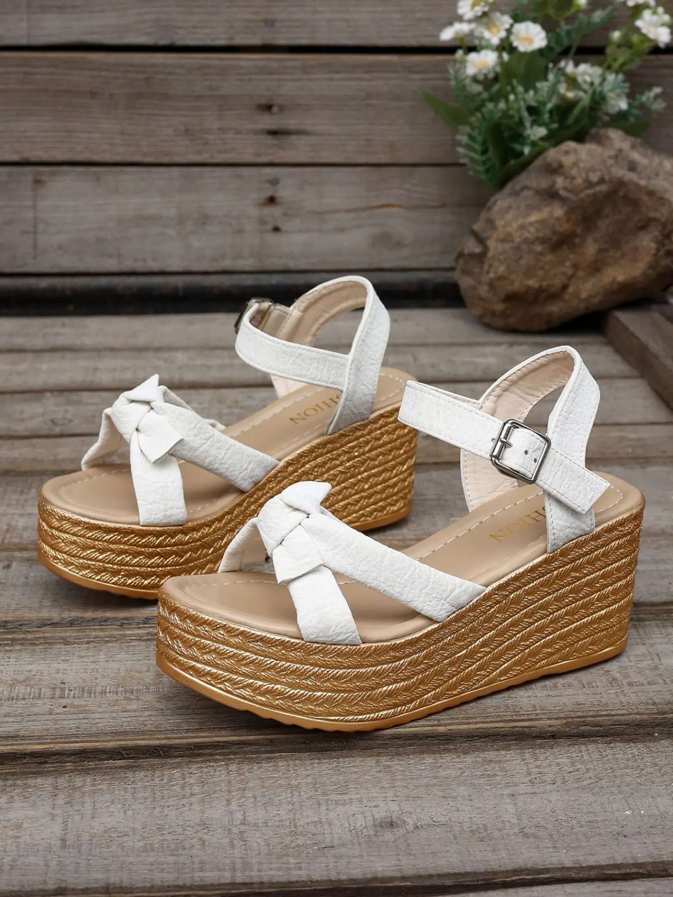 Women's Soft Faux Leather Front Bow Adjustable Ankle Buckle Open Toe Woven Wedge Platform Sandals Soft Cushioned Insole All Day Walking Beach Vacation Date Casual Footwear White Pink Two Sweet Romantic Summer Fashion Tones