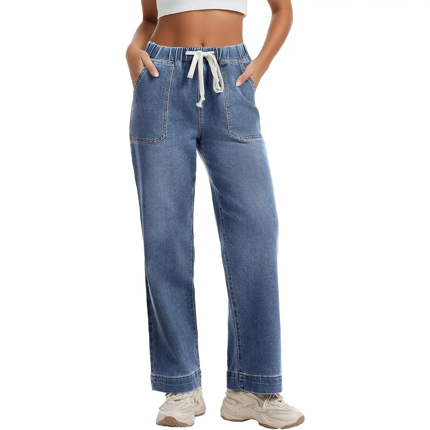 Pull-on Jeans for Women Straight Leg Elastic Waist Jeans Stretchy Loose High Waisted Denim Pants with Drawstring