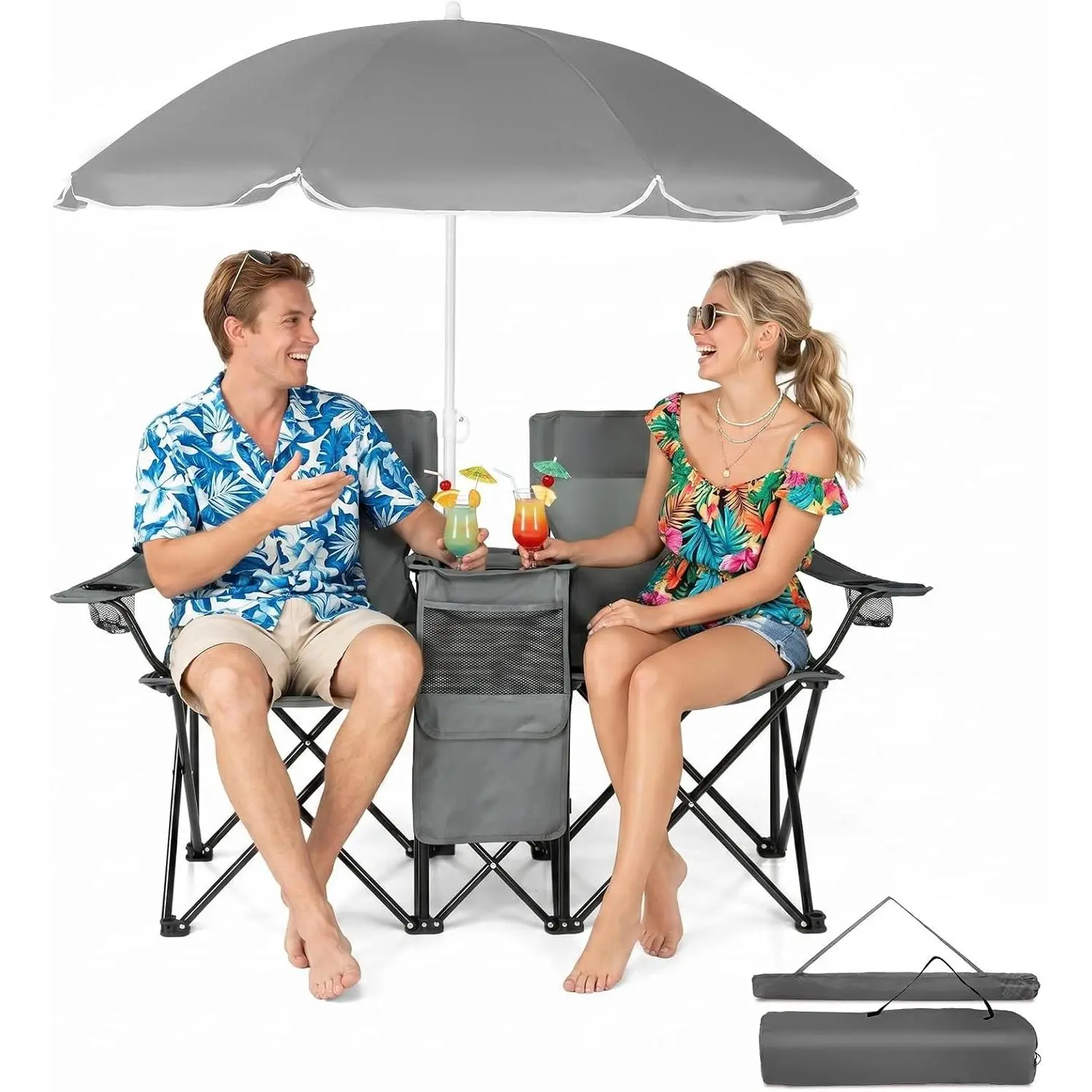Folding Double Camping Chair w/Umbrella Beverage Holder Carrying Bag Cooler Fold Up Table, Large Bearing Capacity for Beach Patio Pool Park Outdoor GrayGift
