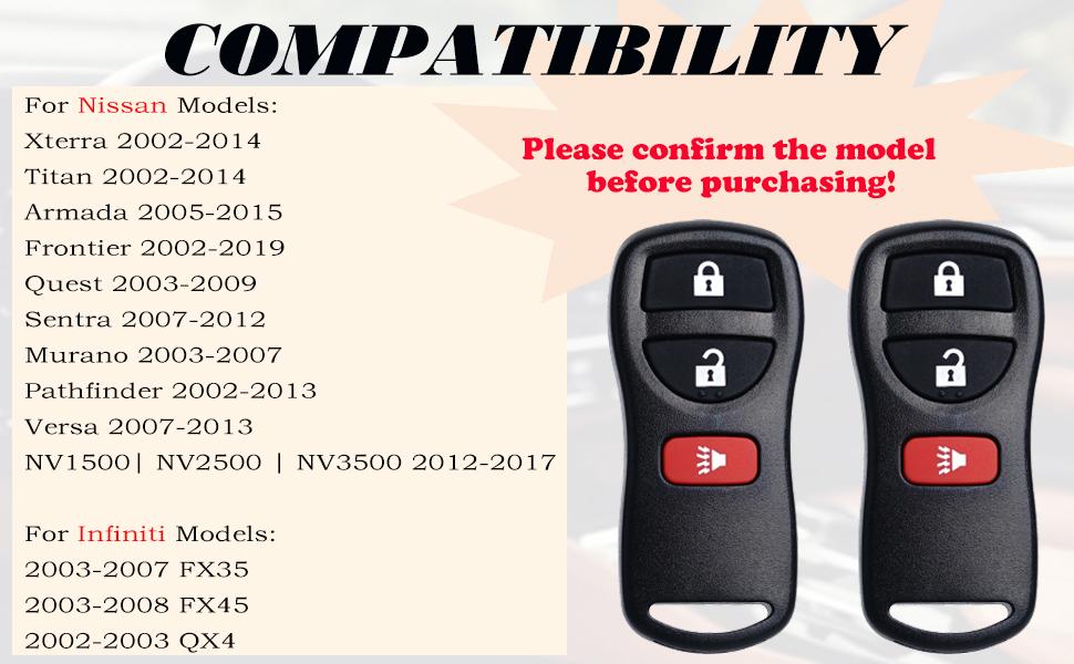 Keyless Entry Remote Control Key Fob Replacement Fits for Nissan Xterra Titan Armada Frontier 2002-2019 Quest Sentra Murano Pathfinder Versa Infiniti FX35 FX45 QX4 KBRASTU15 CWTWB1U733