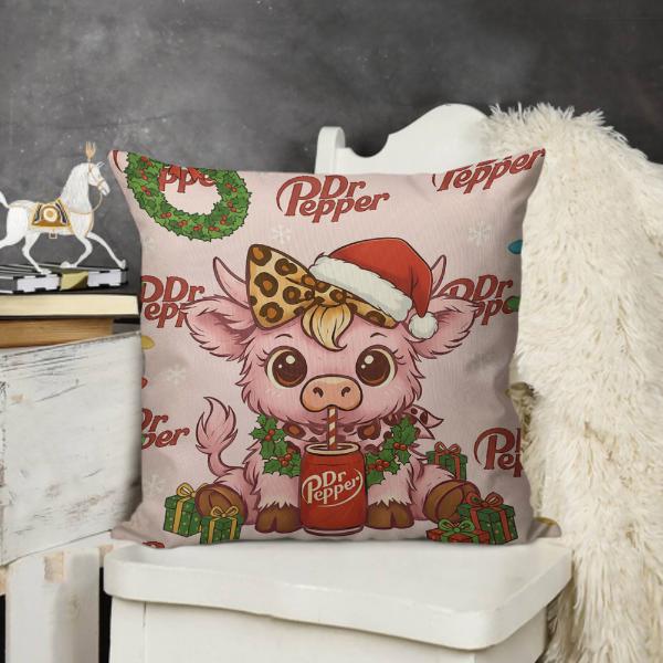 Dr Pepper Pink Highland Cow Christmas Throw Pillow Cover Linen Material Single-sided Printing No Inserts Included for Home Couch Sofa Living Room 2025 Decor
