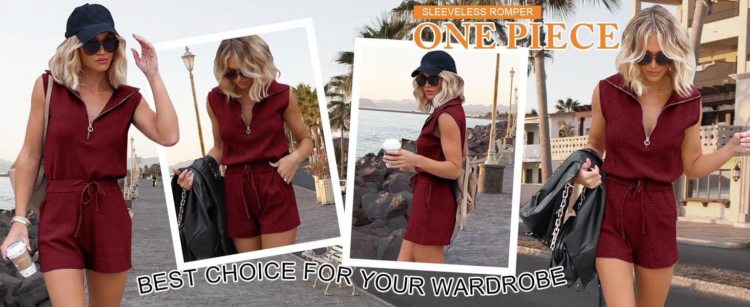 PiePieBuy Women's Casual Sleeveless Short Rompers Summer Half Zip Lapel Collar Drawstring Knit One Piece Jumpsuit with Pockets