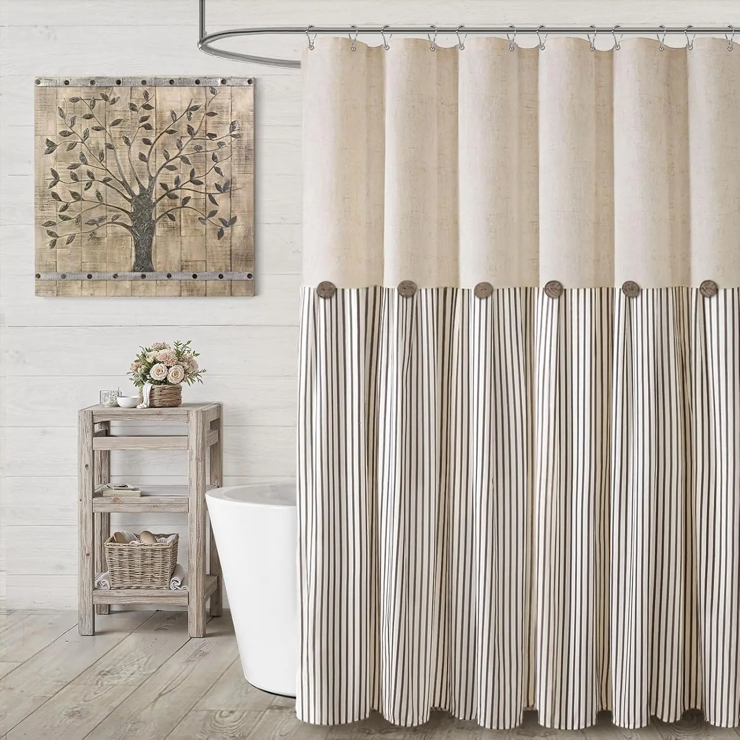 Farmhouse Rustic Western Cotton Minimalist Shower Curtain, Linen Beige Button-Woven Fabric with Pleated Brown Stripe, 72" W x 72" L, Iron-Safe for Wooden Bathroom Decor, Shower Curtains