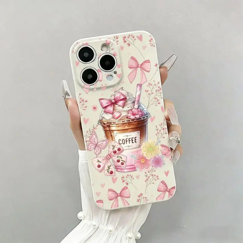 Pink Coffee Bows Phone Case Compatible with iPhone 17 16 15 14 13 Pro Max Cute Aesthetic Girly Coquette Style Cover