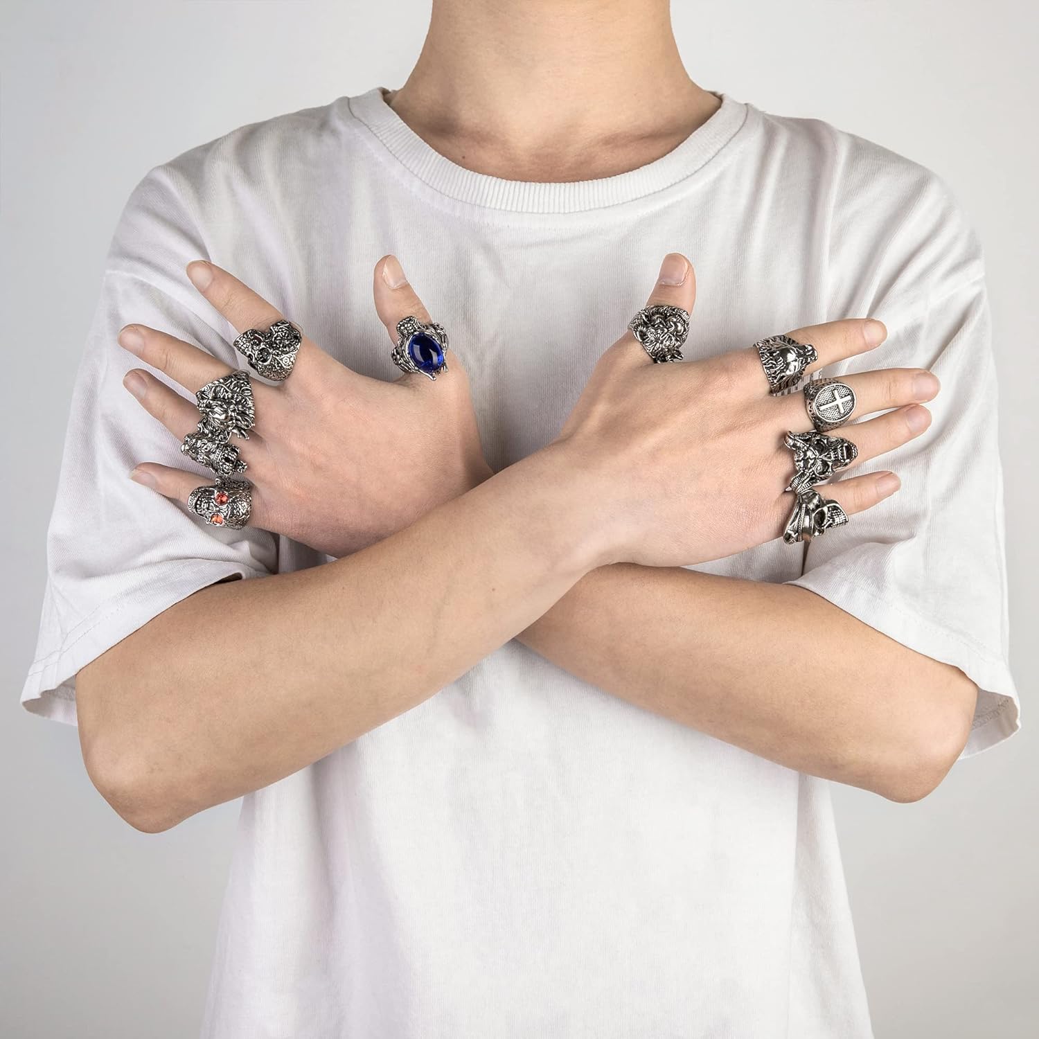 16-24 Pcs Vintage Punk Rings Set Gothic Biker Adjustable Rings Skeleton Skull Ring Feather Snake Drgon Lion Wolf Tiger Head Ring