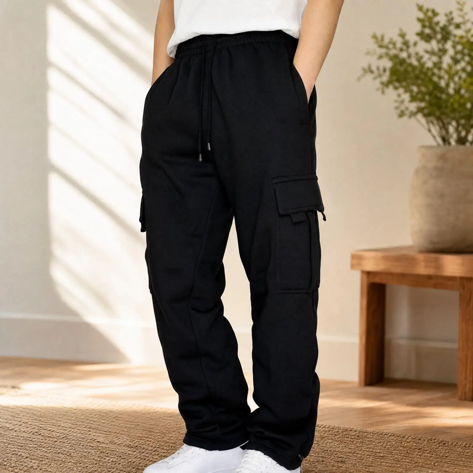 Men's Fleece Cargo Sweatpants Open Bottom Hiking Joggers with PocketsGift