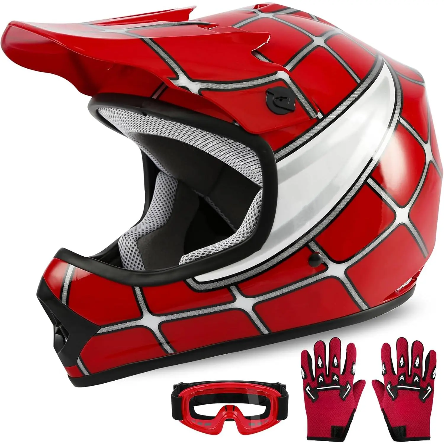 Kids Dirt Bike Helmet Youth Motorcycle Helmet DOT-Certified Full Face Helmets  Motocross ATV Off-Road Street Bike with Goggles & Gloves, Red Spider Small