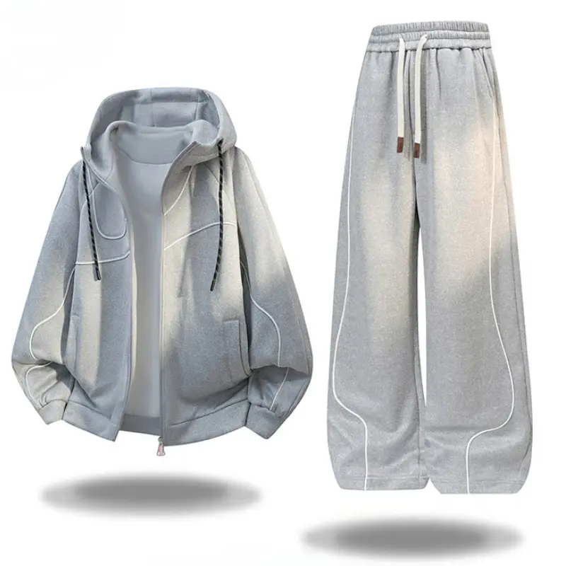 Men's Polyester 2-Piece Hooded Tracksuit - Zip-Up Medium-Length Hoodie Jacket with Black Contrast Line Trimming, Wide-Leg Sweatpants, Draped Fit, Minimalist Style, Suitable for Daily Wear, Cold-Wash Compatible
