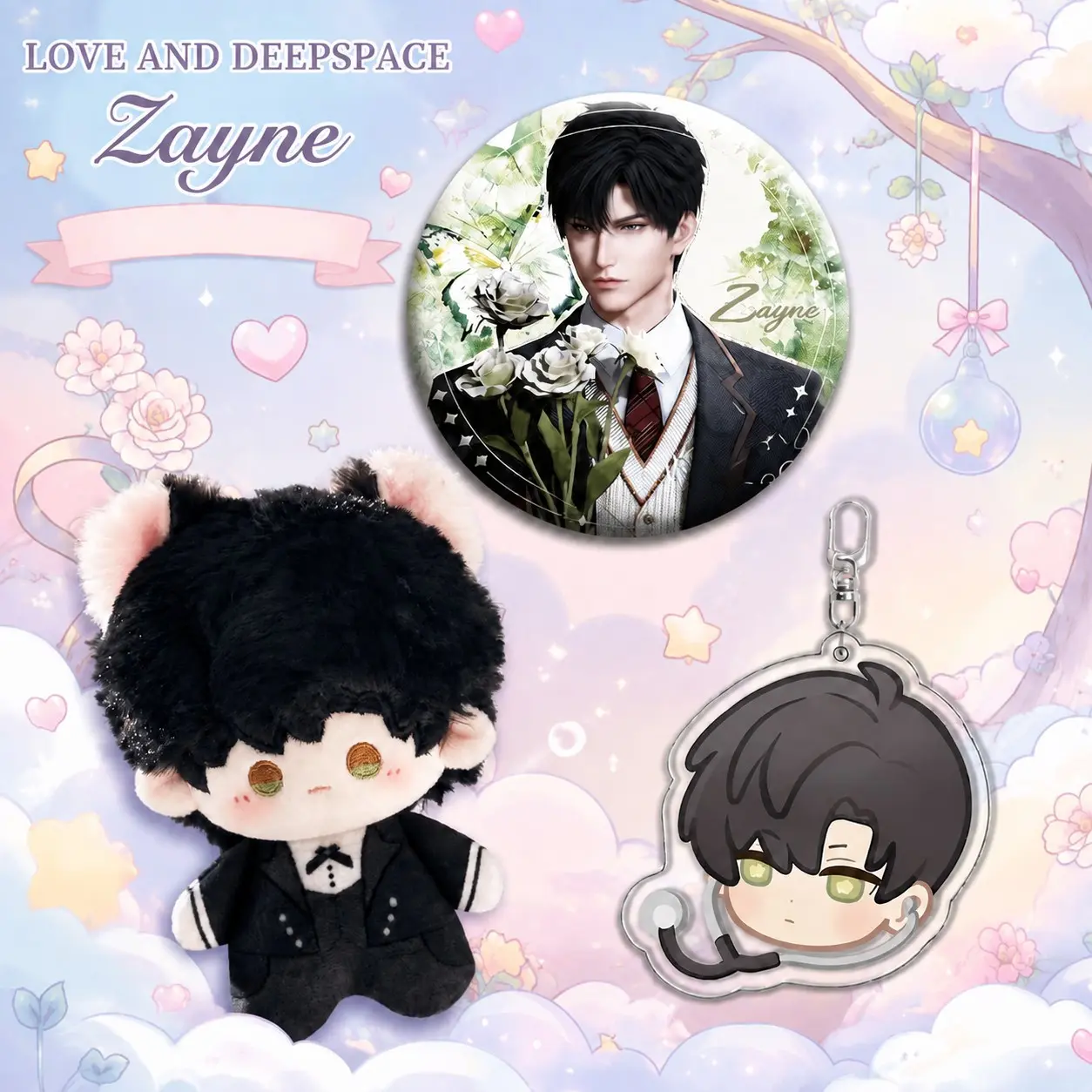 3pcs, Love and Deepspace Anime Plush Doll + Badge + Stuffed Animal Keychain, Collectible Stuffed Character Figure, Premium Soft Toy - Keychain Collectibles Bag Car Charm, Desk Shelf Room Decor, Birthday Christmas Valentine Party Gift for Anime Fans Teens