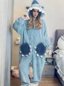 Women's Cute Shark Hooded Onesie Pajamas, Winter Role Play Hooded Sleepwear, Christmas Party Casual and Blanket Set